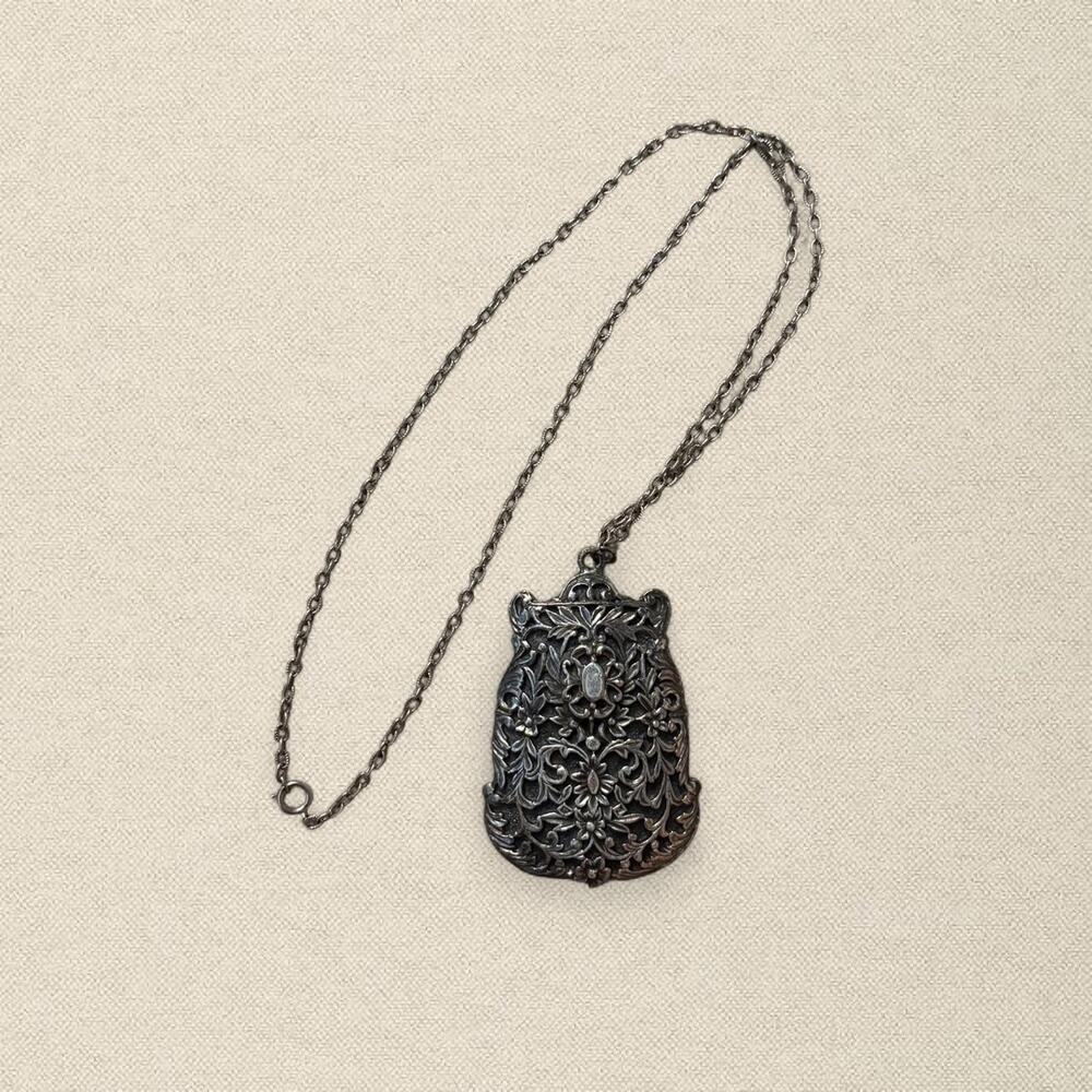 Vtg Silver Tone Purse Ornate Filigree Necklace Tectured Chain 90s Whimsygoth
